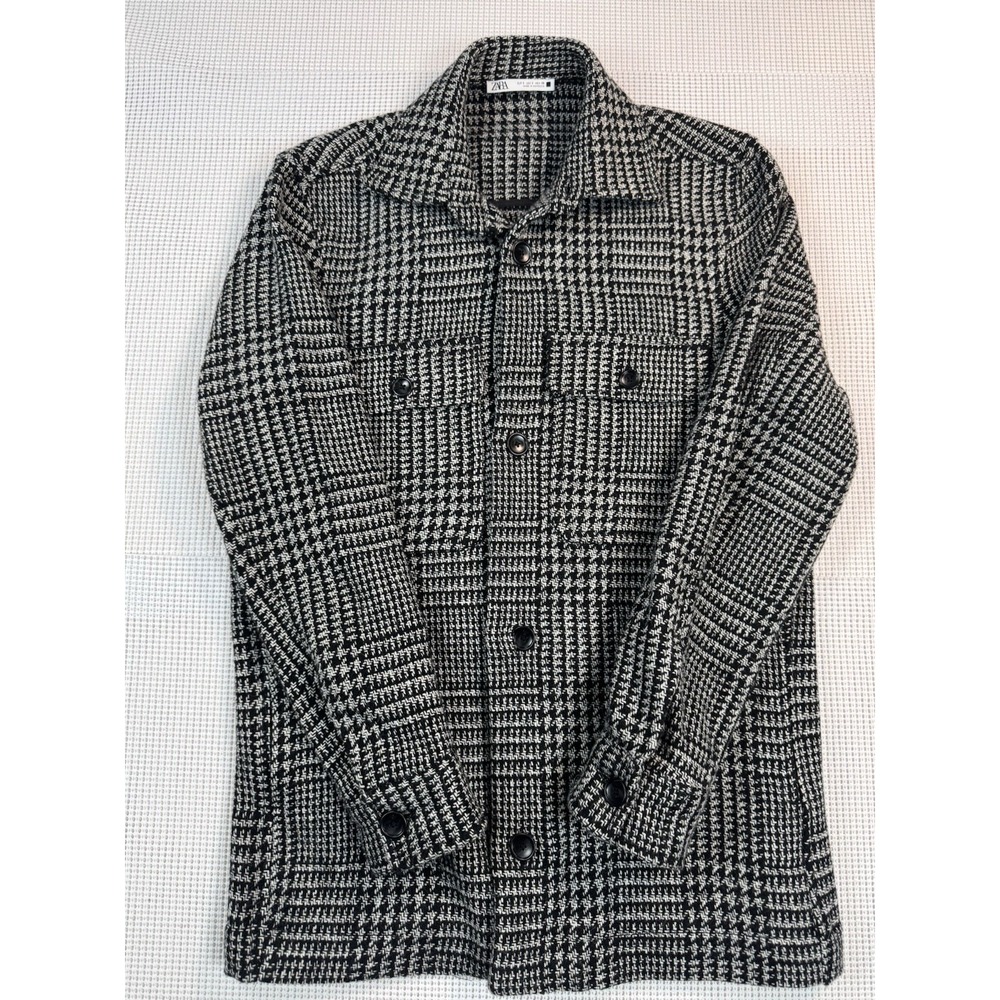 Zara Plaid Overshirt Jacket Mens Small Black White Button Up Shacket 4091/581